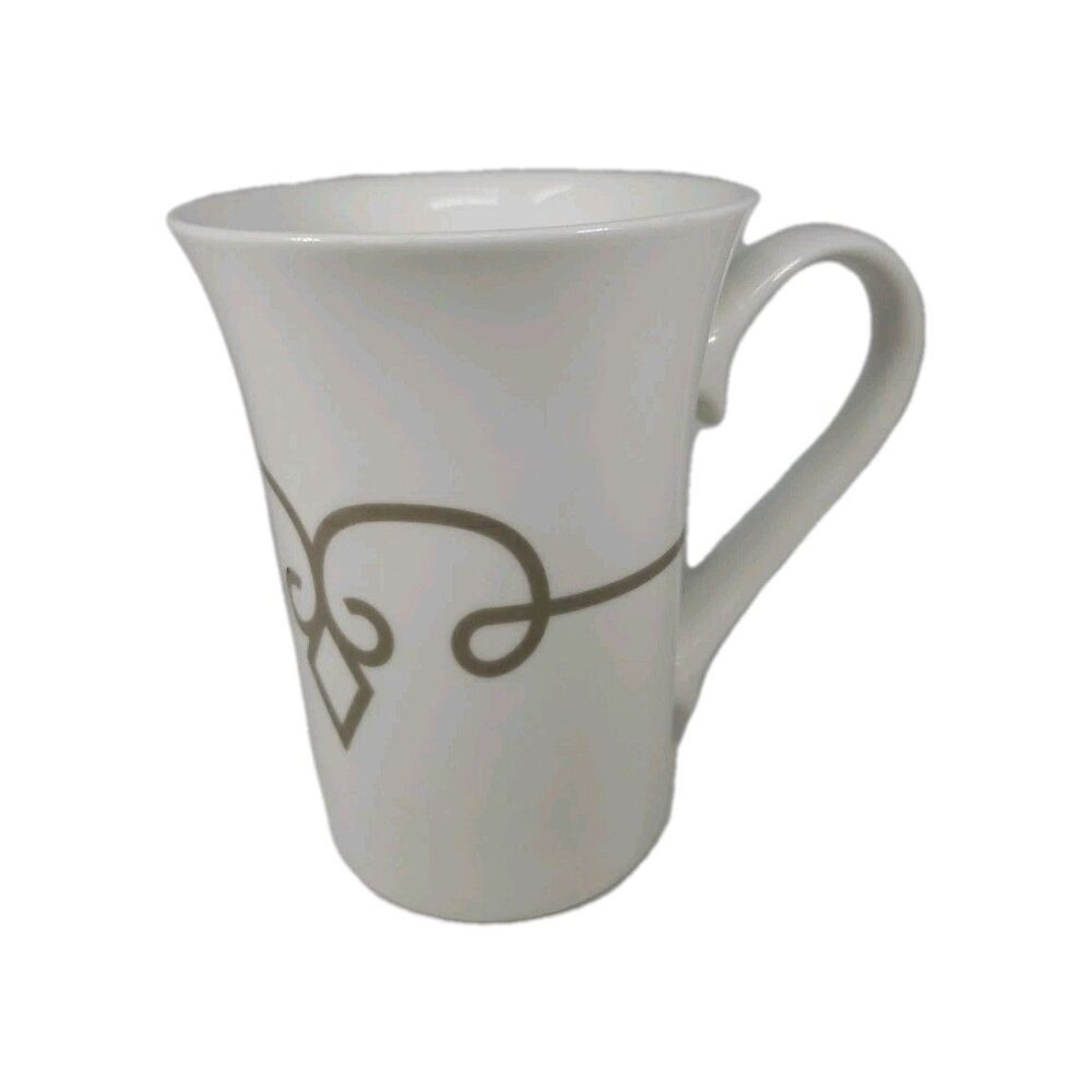 Starbucks Coffee Tea Mug Cup Gold Taupe Diamond Scroll Pattern Half Heart Handle